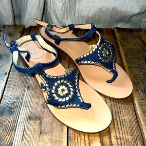 Jack Rogers Denim Blue Gold Leather Navajo Gladiator Sandals 7.5M